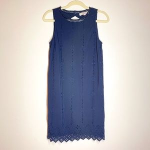 LOFT Navy Embroidered Sleeveless Dress - SMALL